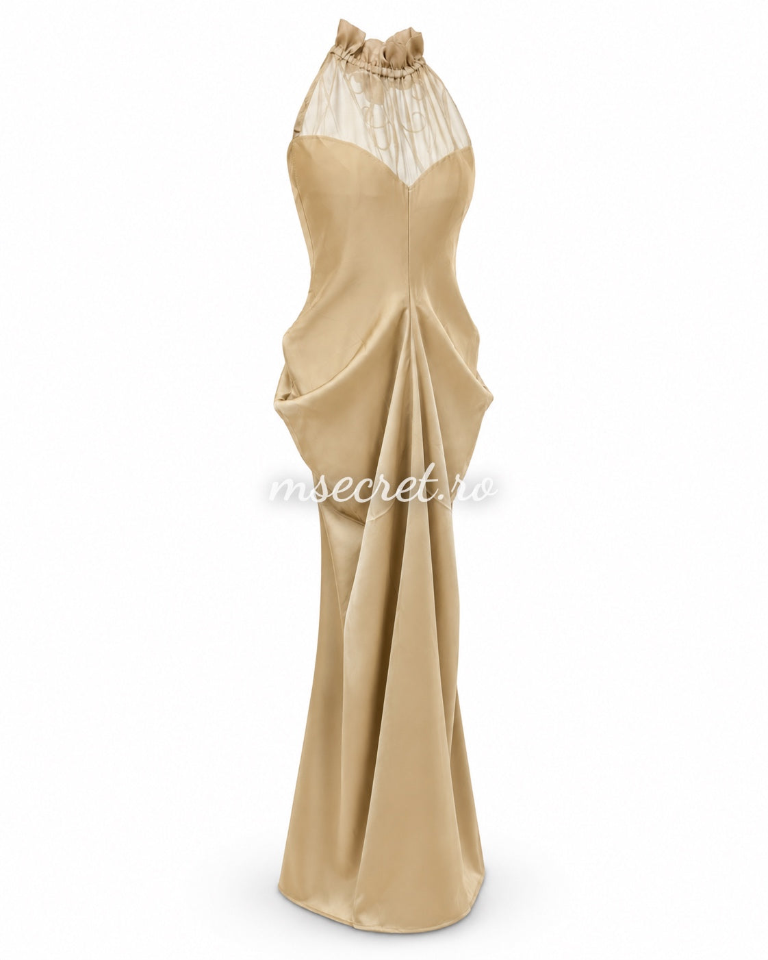 Rochie lunga champagne din satin cu decolteu inimioara