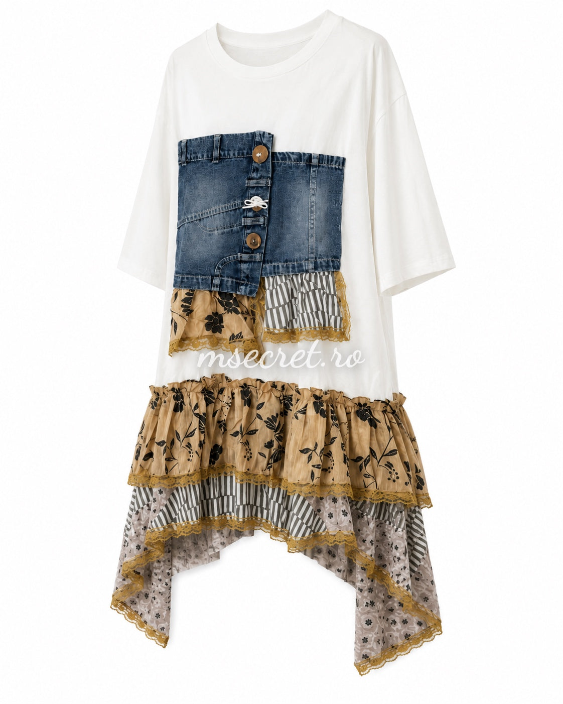Rochie tip tricou cu denim si volane asimetrice