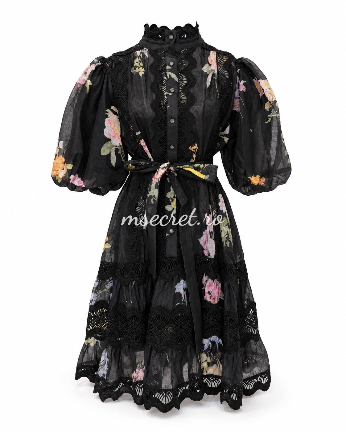 Black linen dress with floral print and decorative embroidery