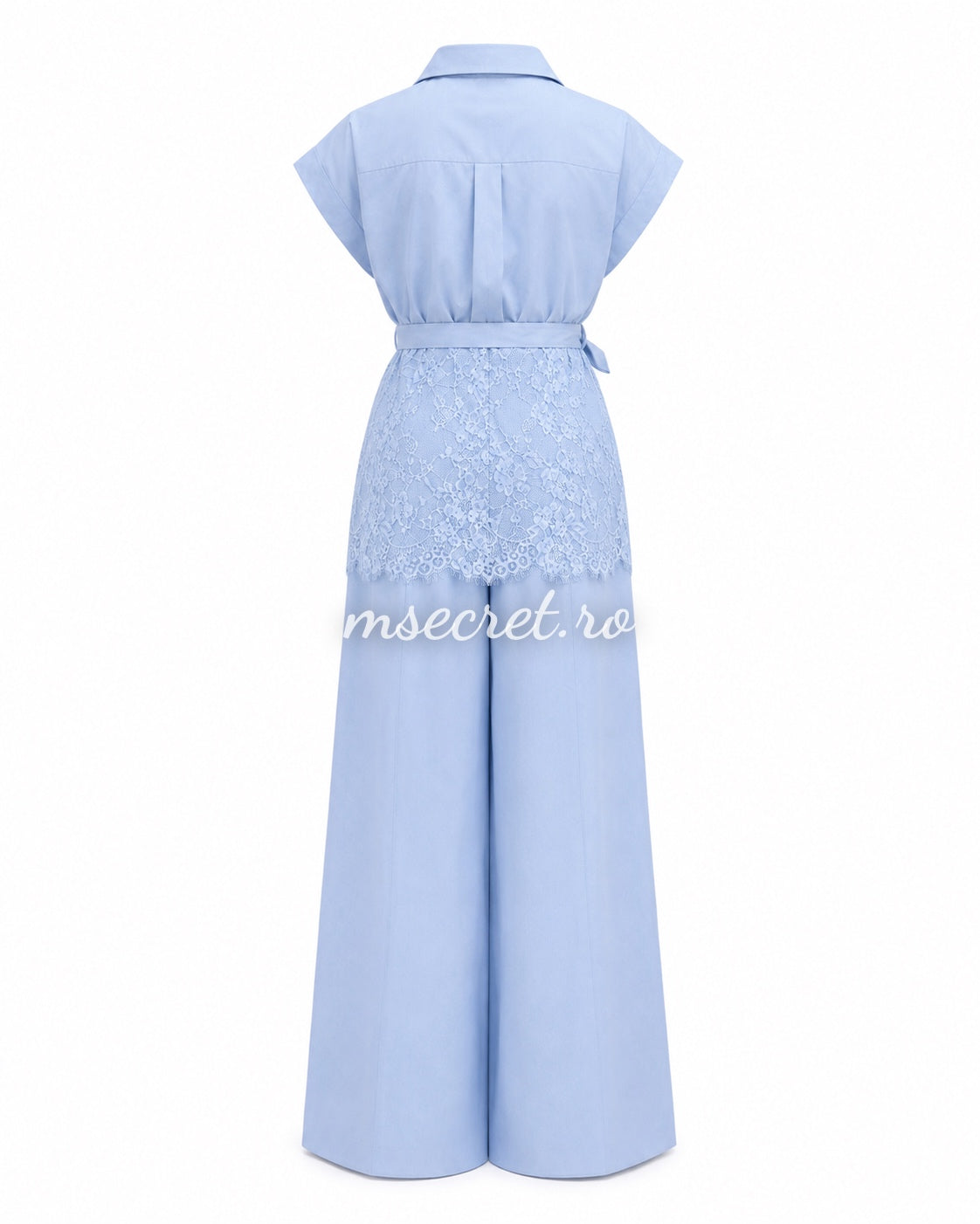 Blue linen set with lace and wide-leg pants