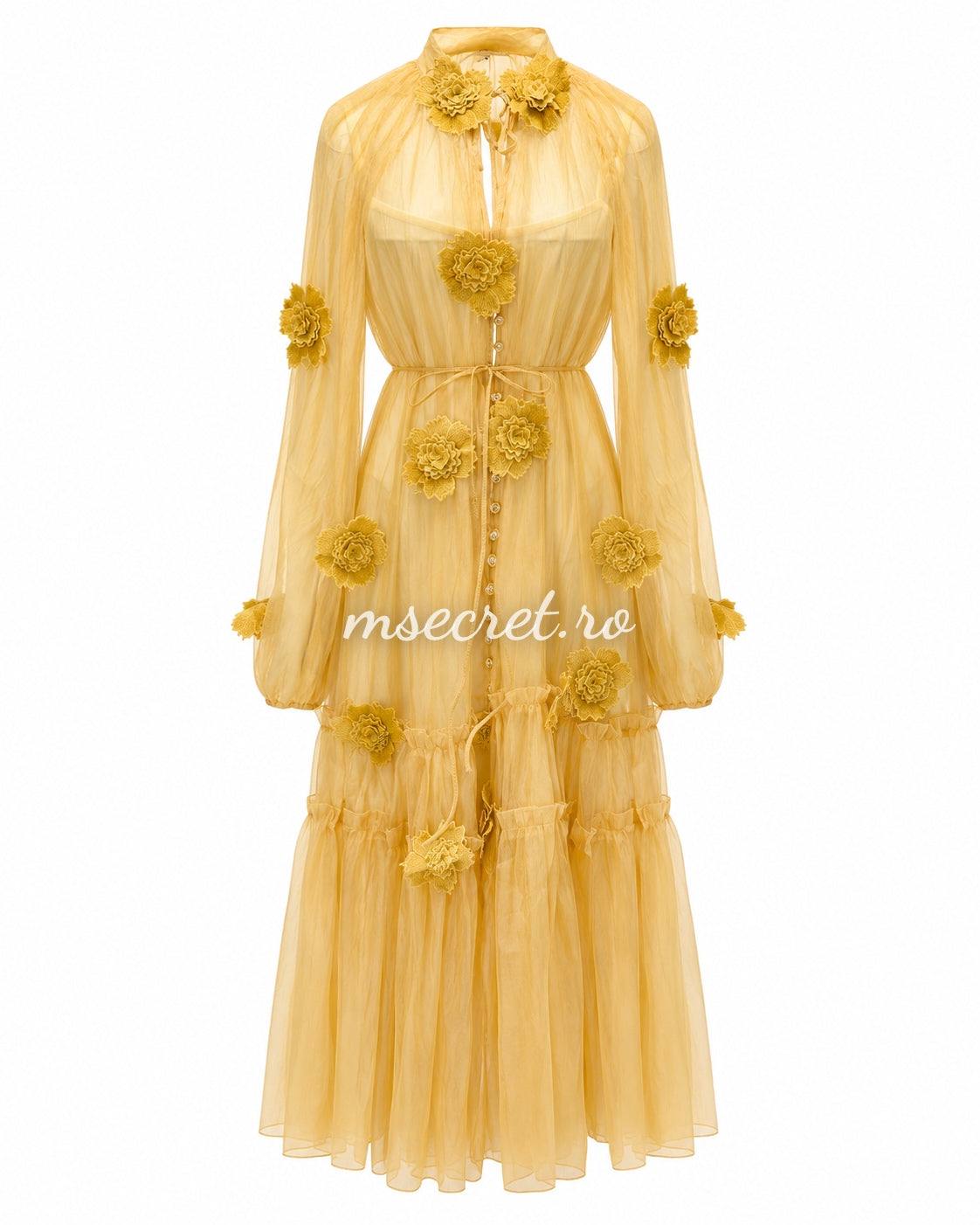 Yellow tulle dress with 3D floral appliques