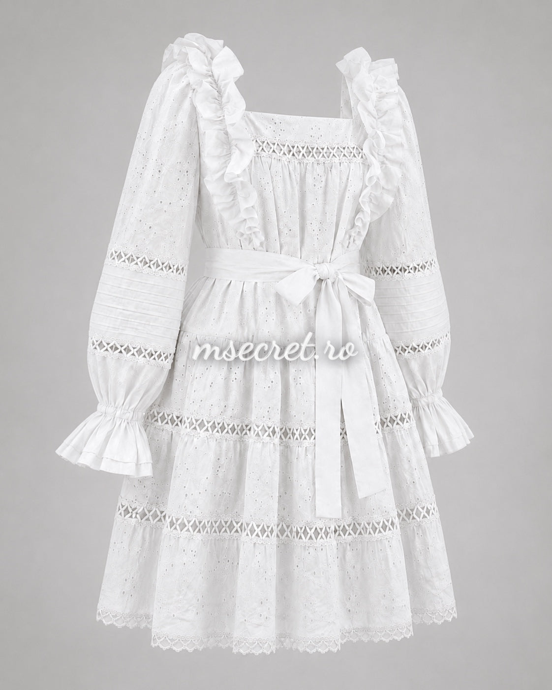 White linen and cotton dress with embroidery and ruffles