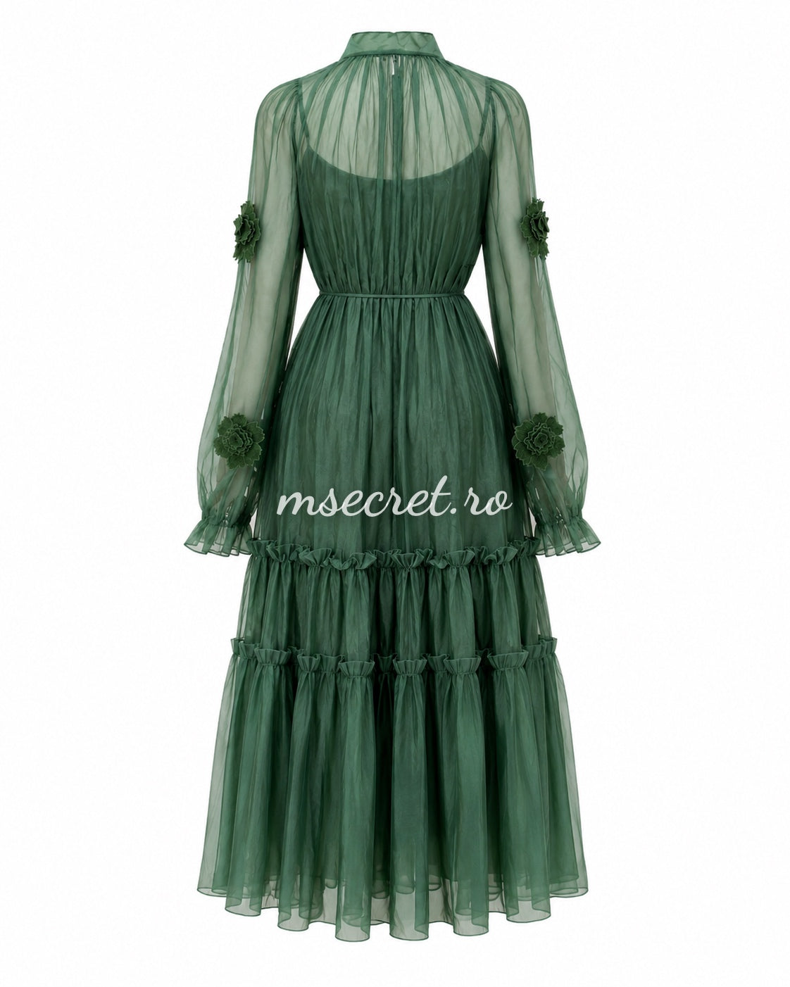 Green voile dress with 3D floral appliqués