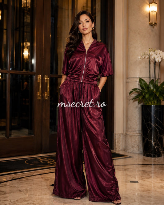 Compleu burgundy cu pantaloni palazzo