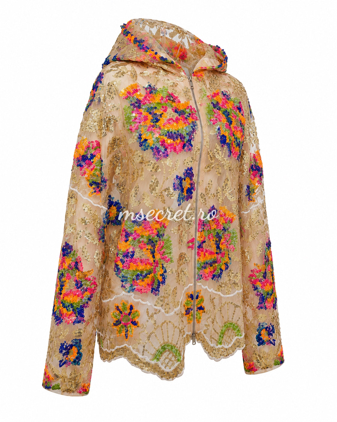 Beige lace jacket with multicolored sequins