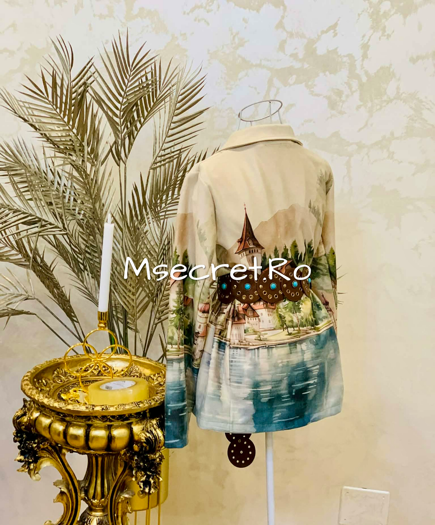 Sacou dama piele intoarsa cu imprimeu artistic