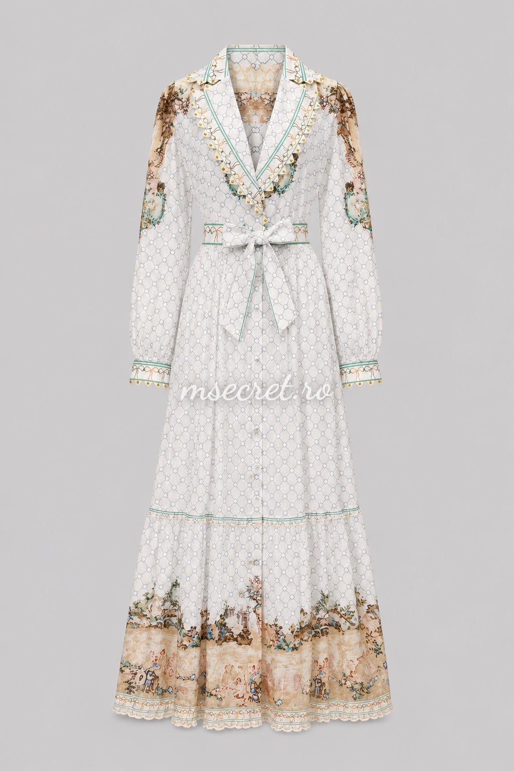 Rochie lunga alba din in cu broderie si imprimeu floral Masa
