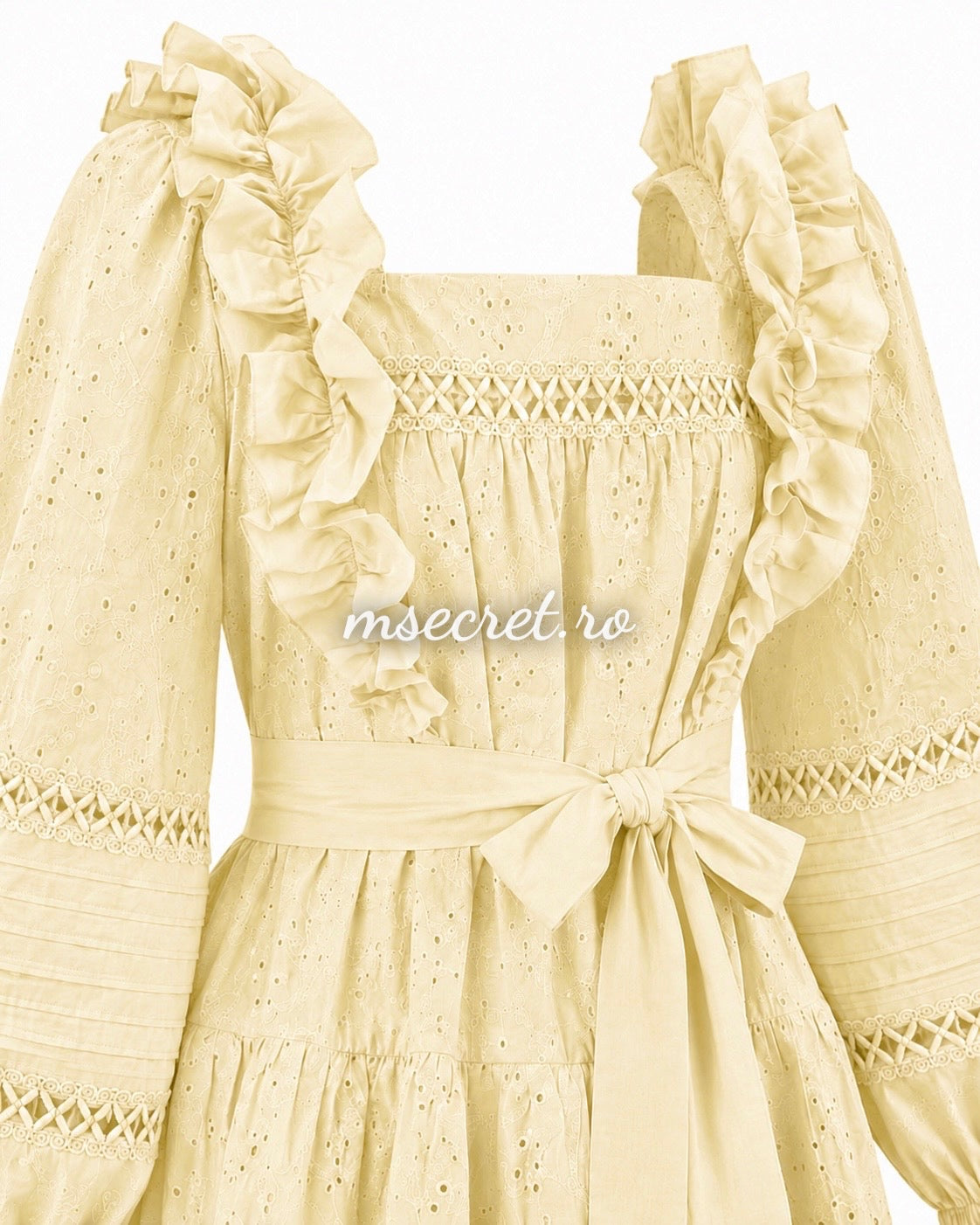 Yellow linen and cotton dress with embroidery and ruffles