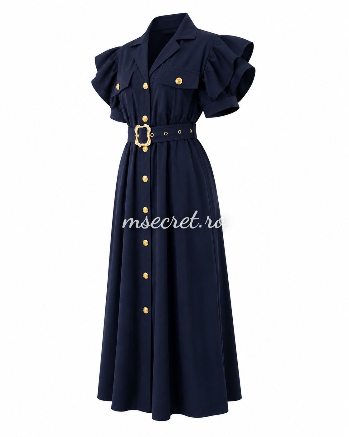 Rochie albastra midi cu volane si cordon