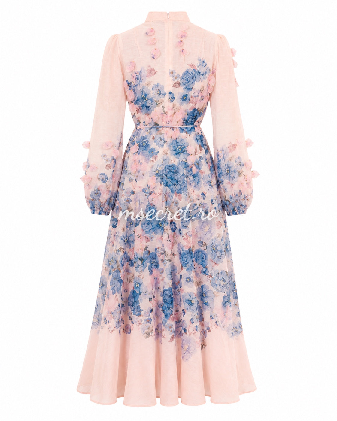 Long pink linen dress with floral print and 3D appliques