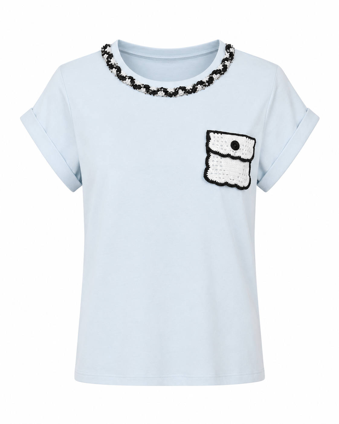 Tricou bleu din bumbac cu guler decorativ si buzunar aplicat