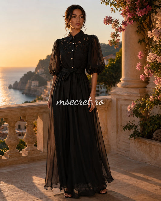 Rochie neagra elegantă din voal cu broderie florală și mâneci bufante