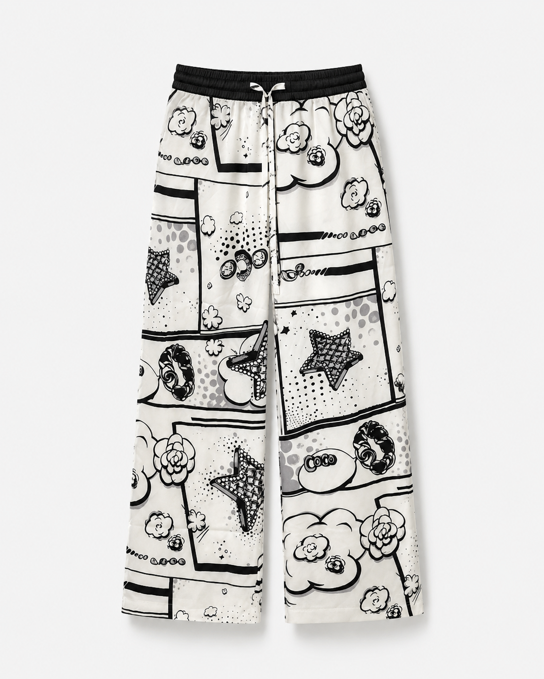 Pantaloni albi lungi din satin cu imprimeu grafic