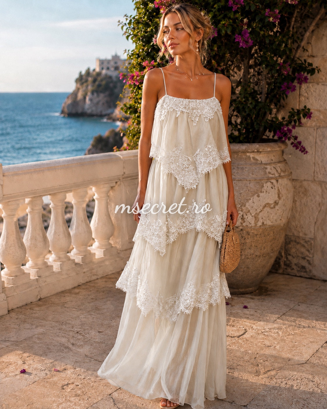 Long beige dress with ruffles and romantic lace
