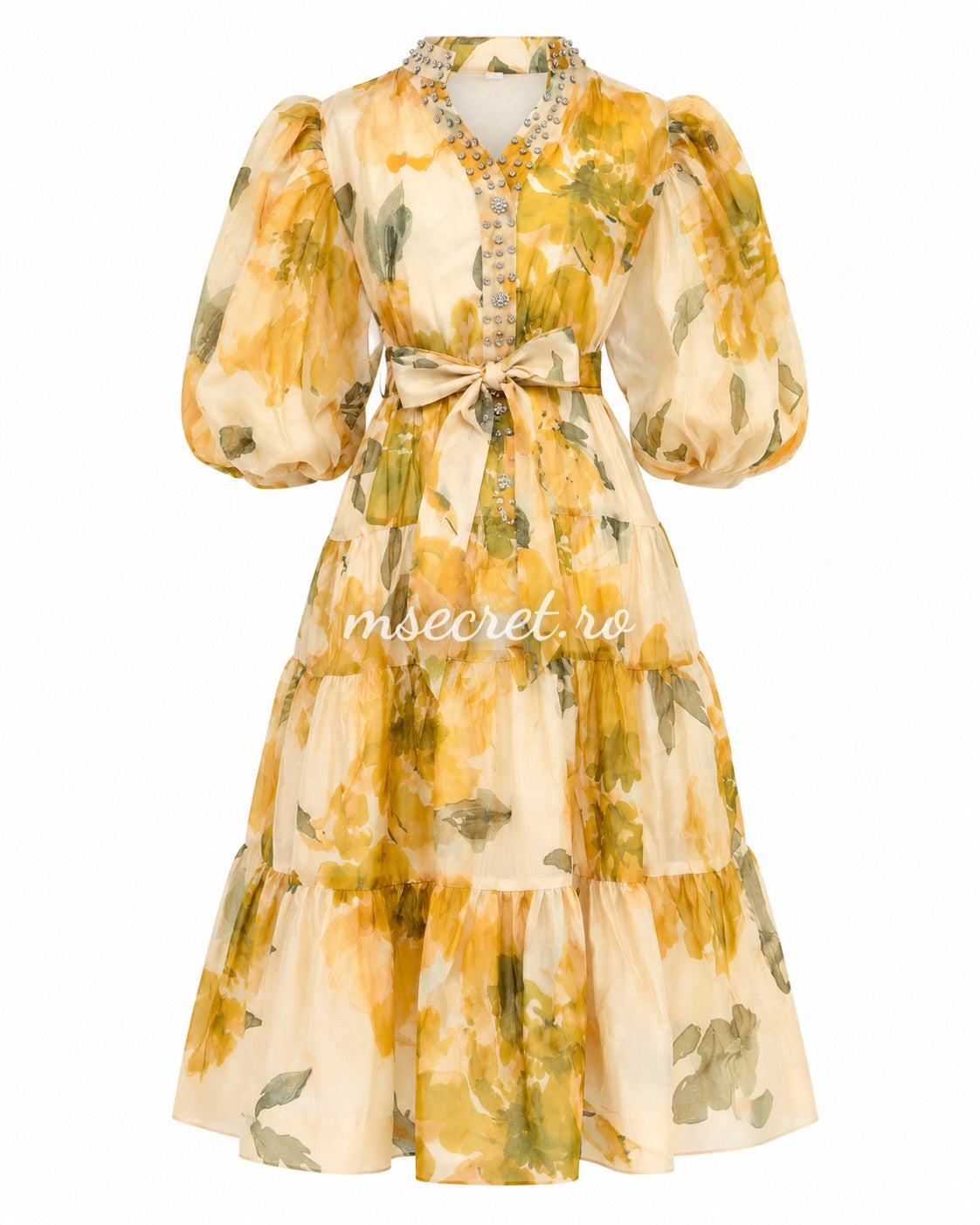 Yellow linen and silk dress with floral print