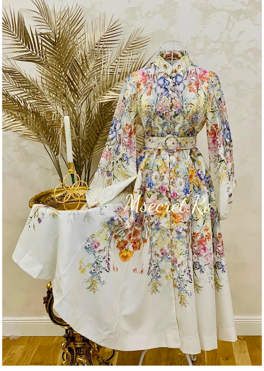 Rochie midi din in si bumbac cu maneca lunga