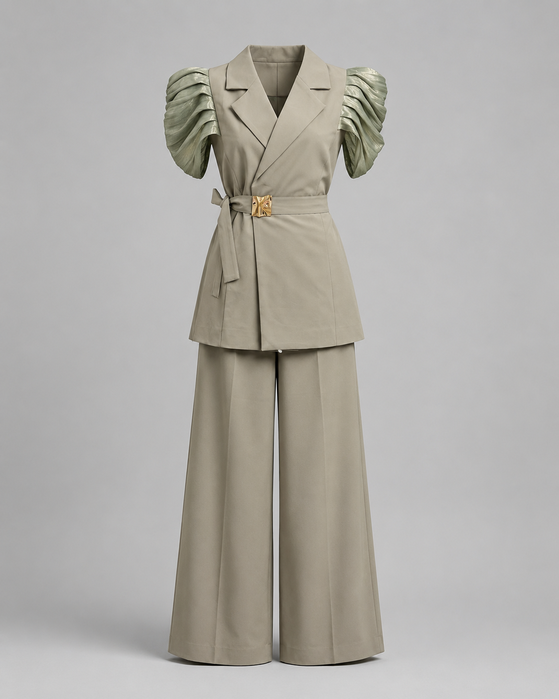 Olive green set with wrap vest and palazzo pants