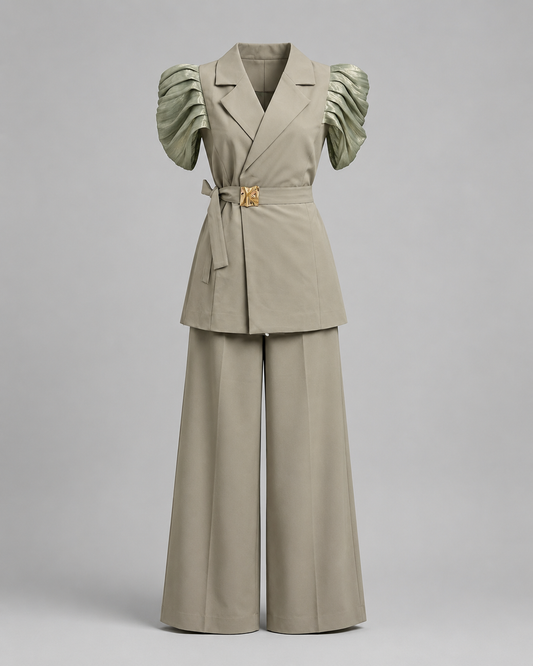 Olive green set with wrap vest and palazzo pants