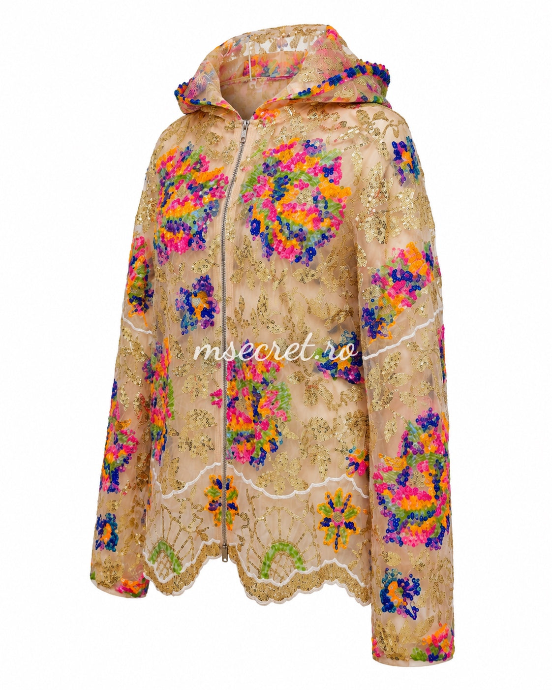 Beige lace jacket with multicolored sequins