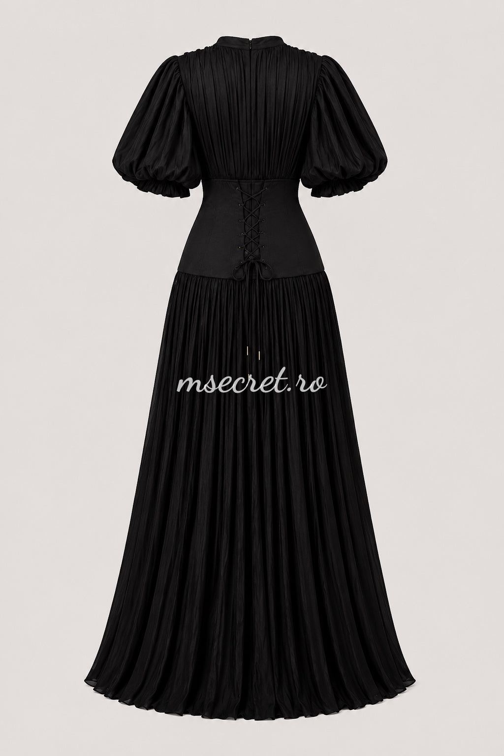 Elegant long black dress with a corset and pleated skirt – evening gown with puff sleeves
