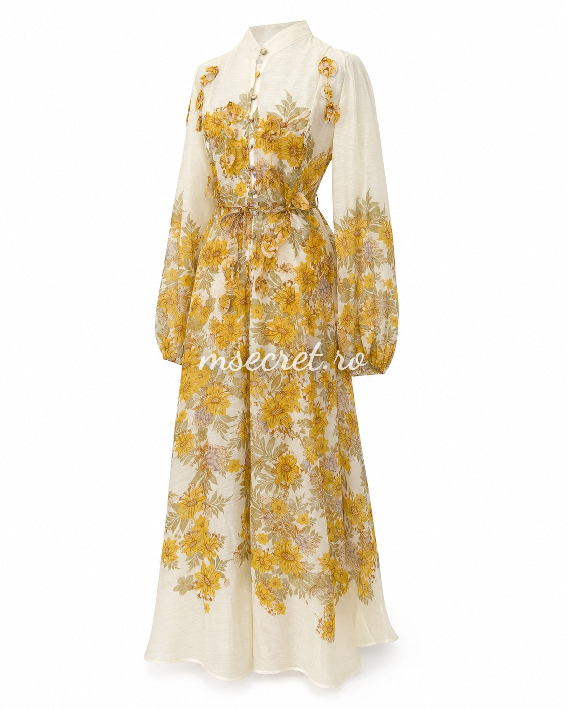 Yellow linen dress with floral print and 3D appliqués
