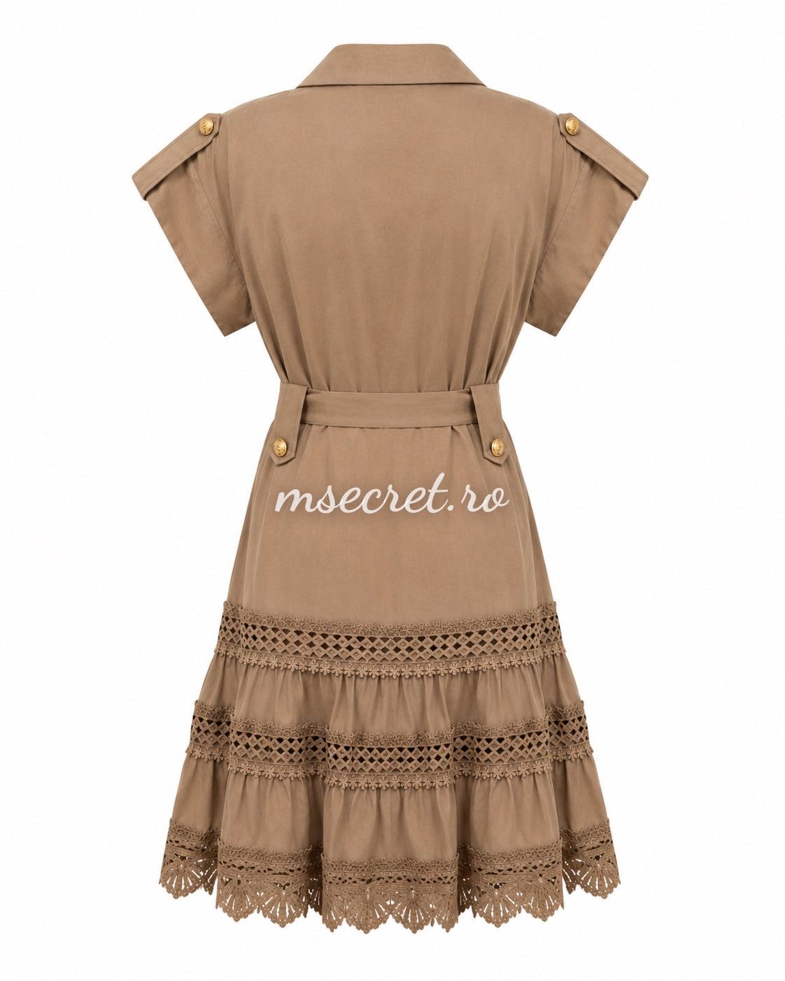 Rochie camasa bej cu cordon in talie si insertii din dantela