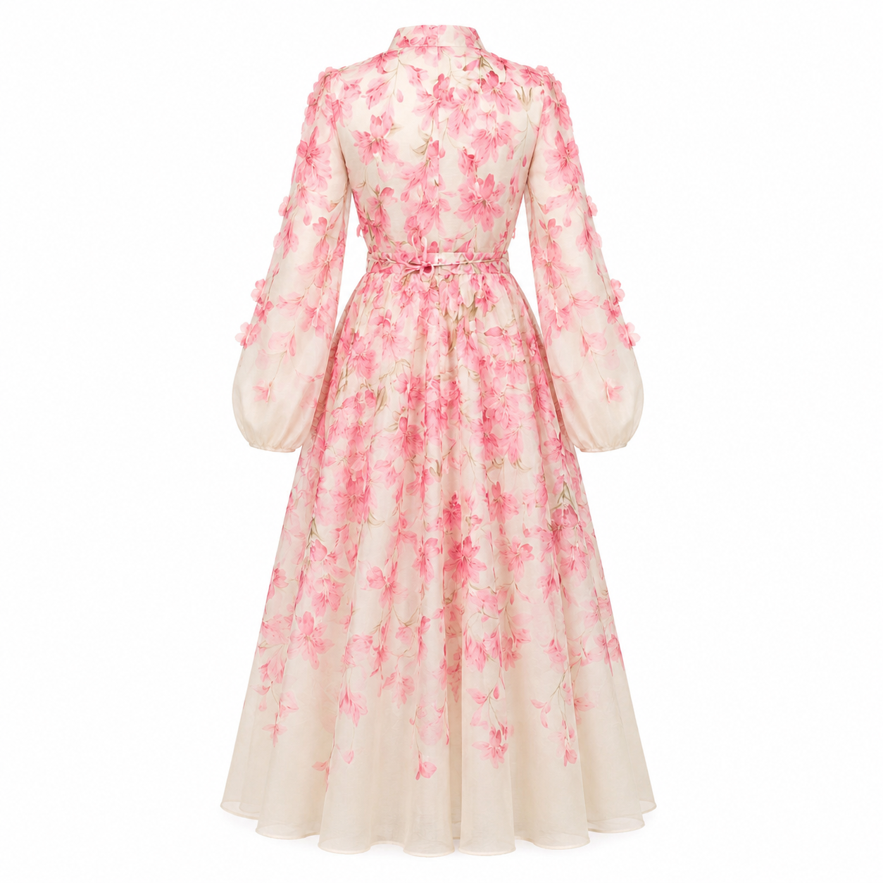 Rochie lungă roz din in cu imprimeu floral și aplicații 3D