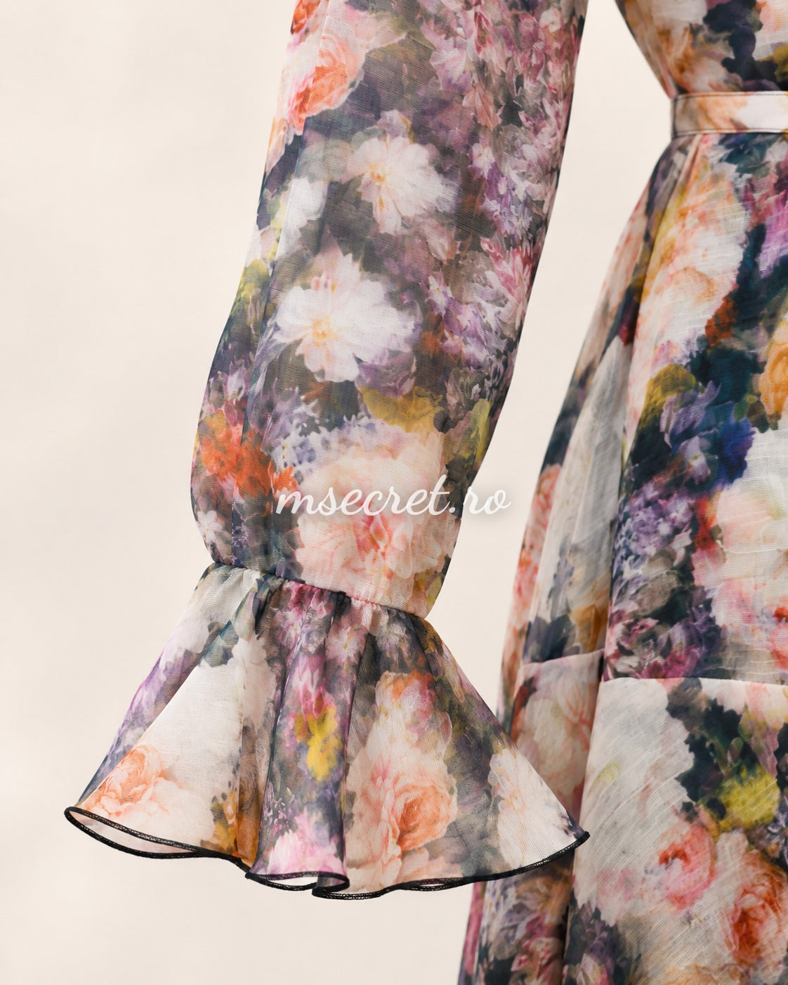 Rochie din in cu imprimeu floral si volane