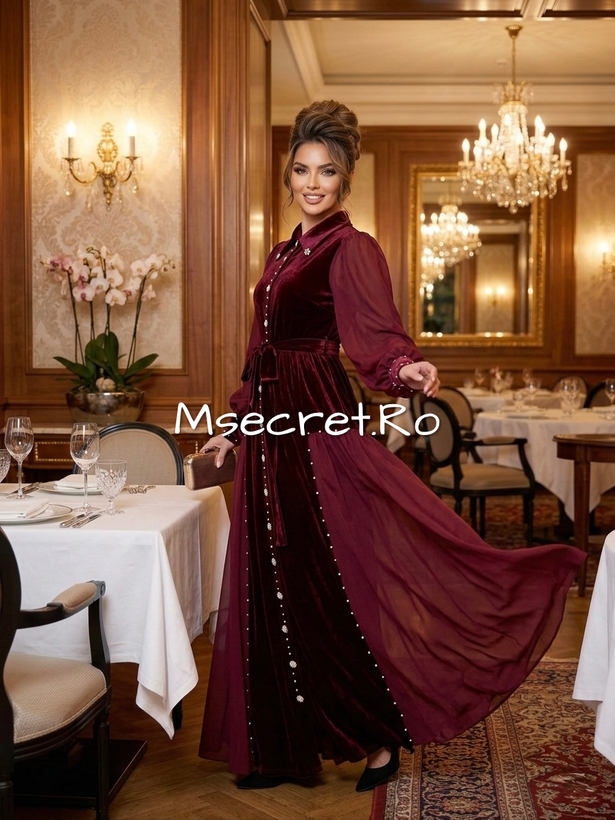 Rochie burgundy din catifea midi
