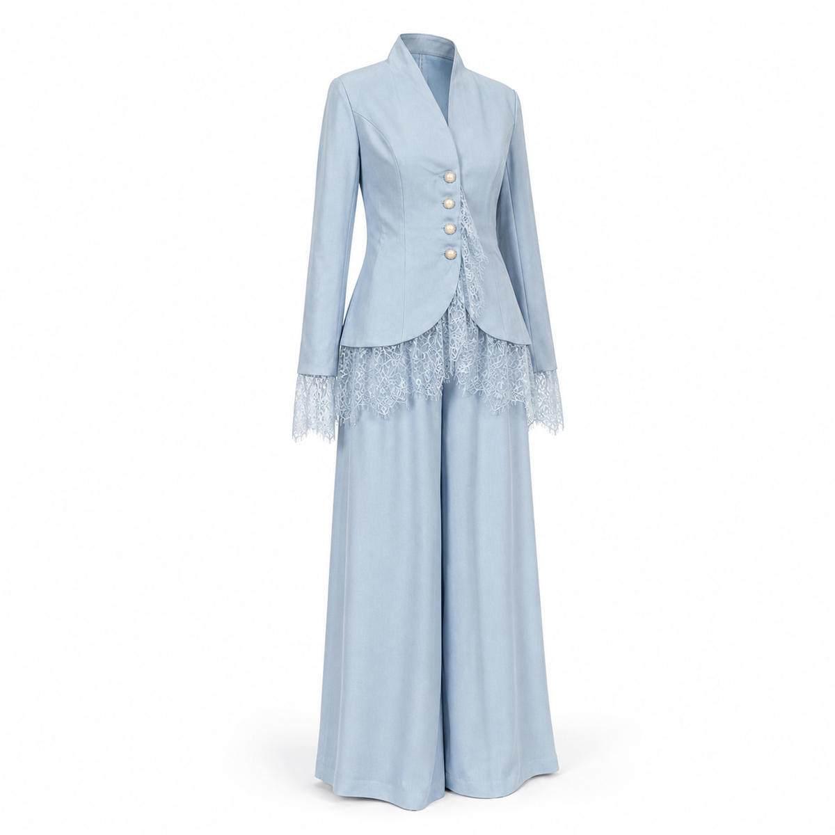 Compleu elegant baby blue cu sacou si pantaloni largi si dantela