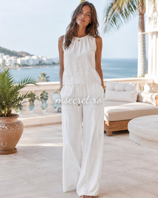 Compleu alb din in cu top fara maneci si pantaloni largi