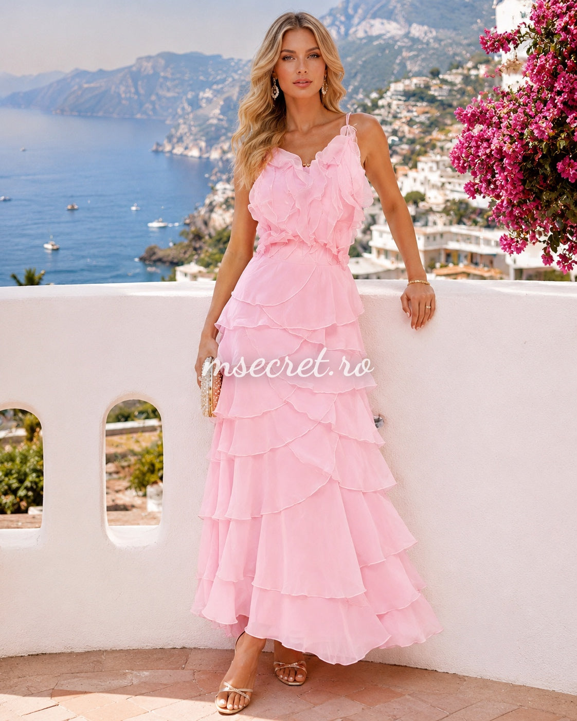 Elegant pink midi dress with organza ruffles