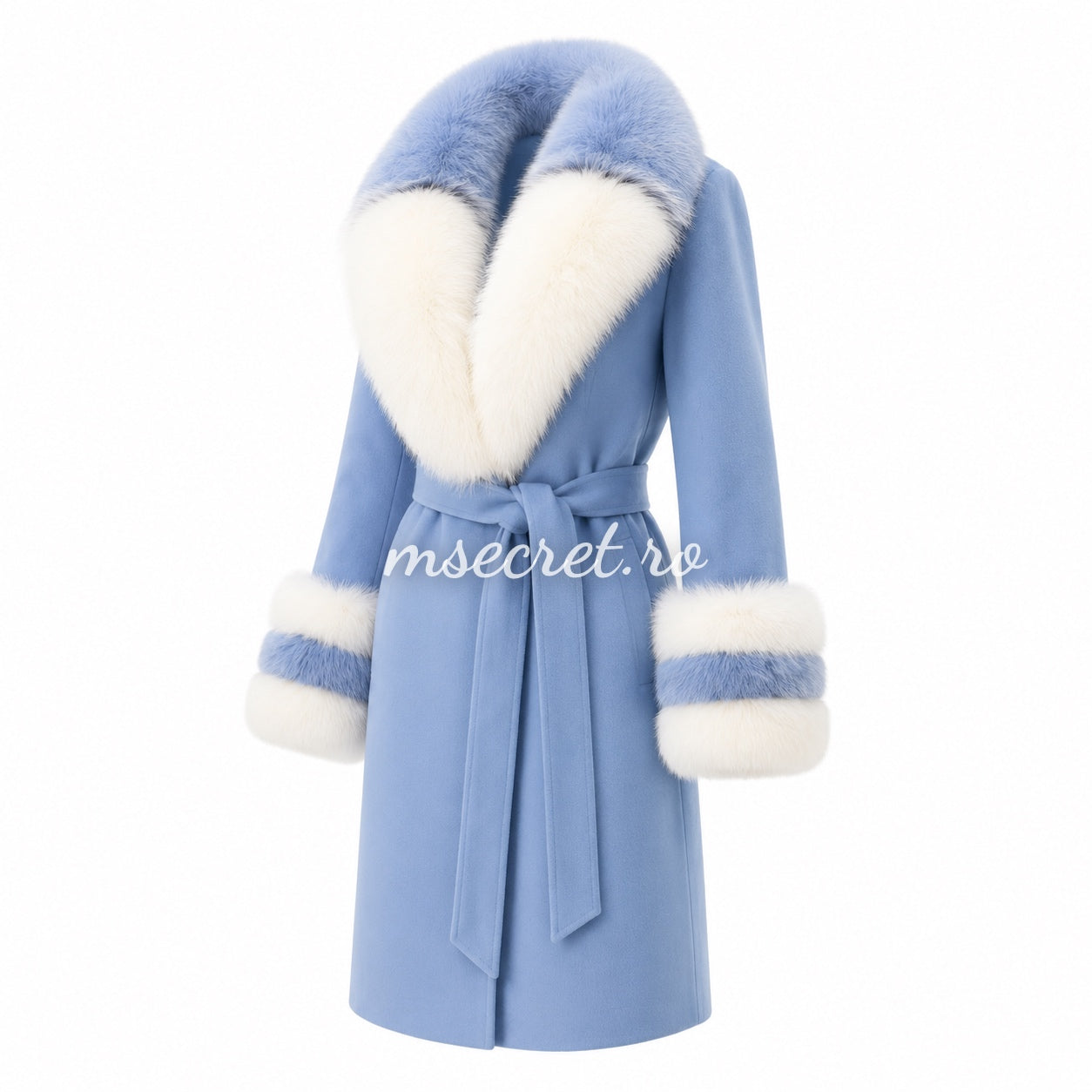 Palton baby blue din casmir cu guler și mansete din blana de vulpe