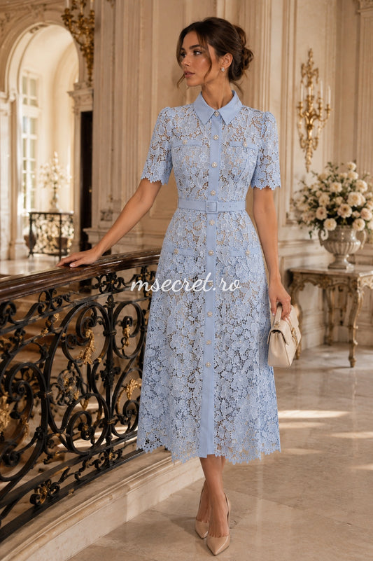 Rochie blue din dantela eleganta cu guler si cordon in talie