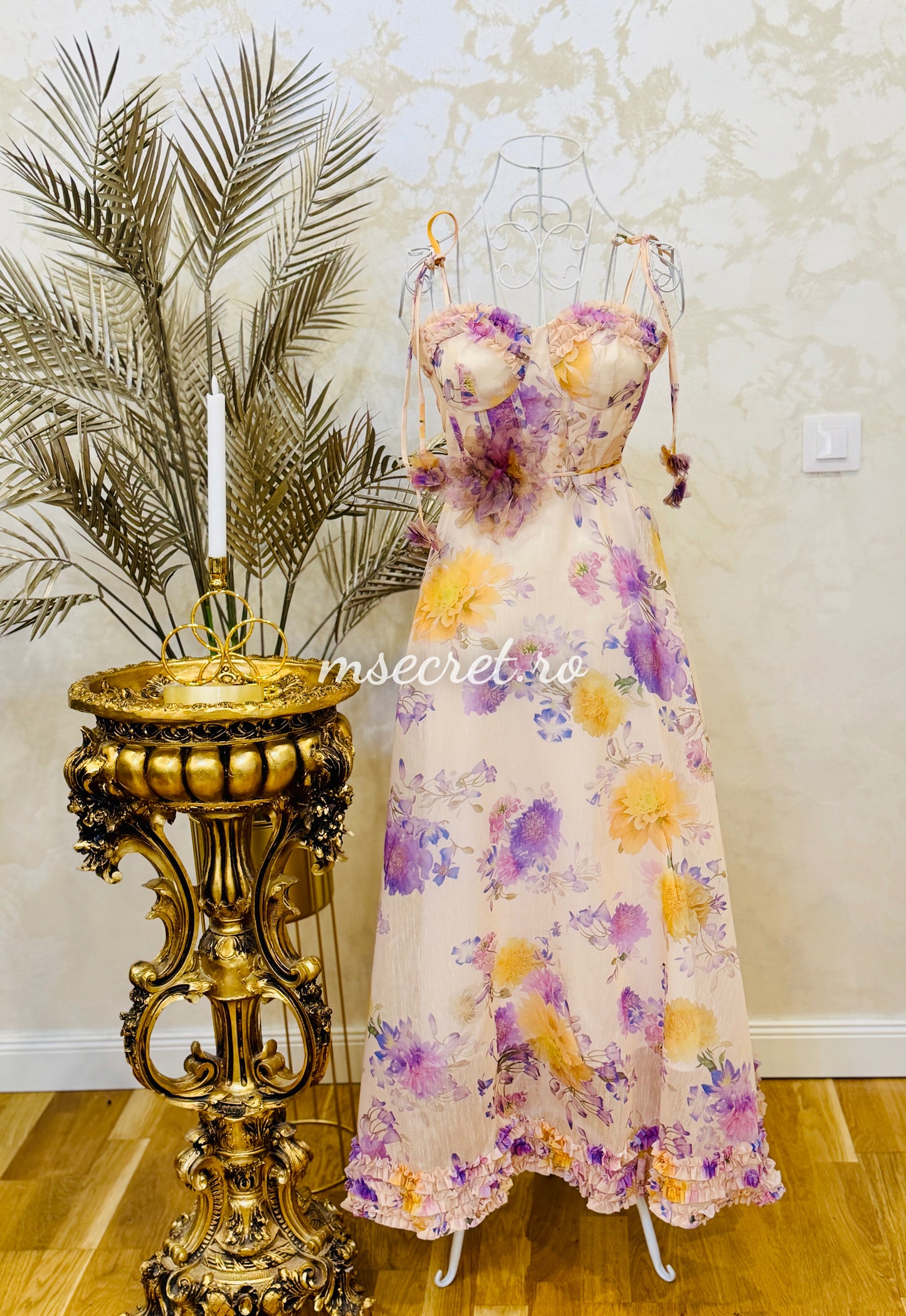 Rochie lunga florală din in cu corset și bretele reglabile