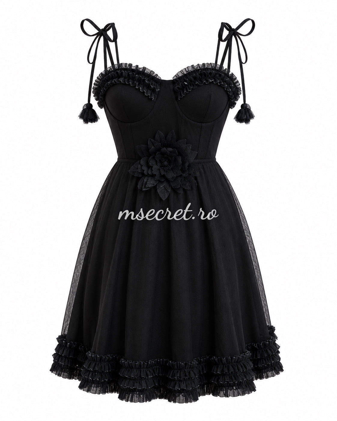 Rochie neagra eleganta midi cu bretele si floare decorativa