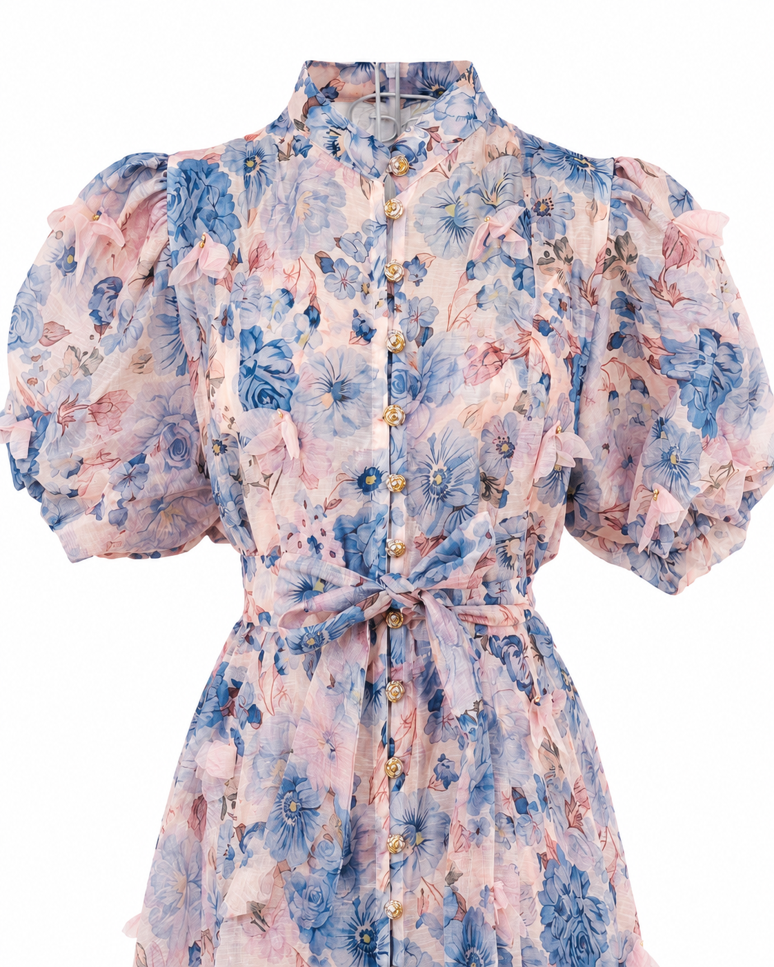 Rochie lungă roz din in cu imprimeu floral și aplicații 3D