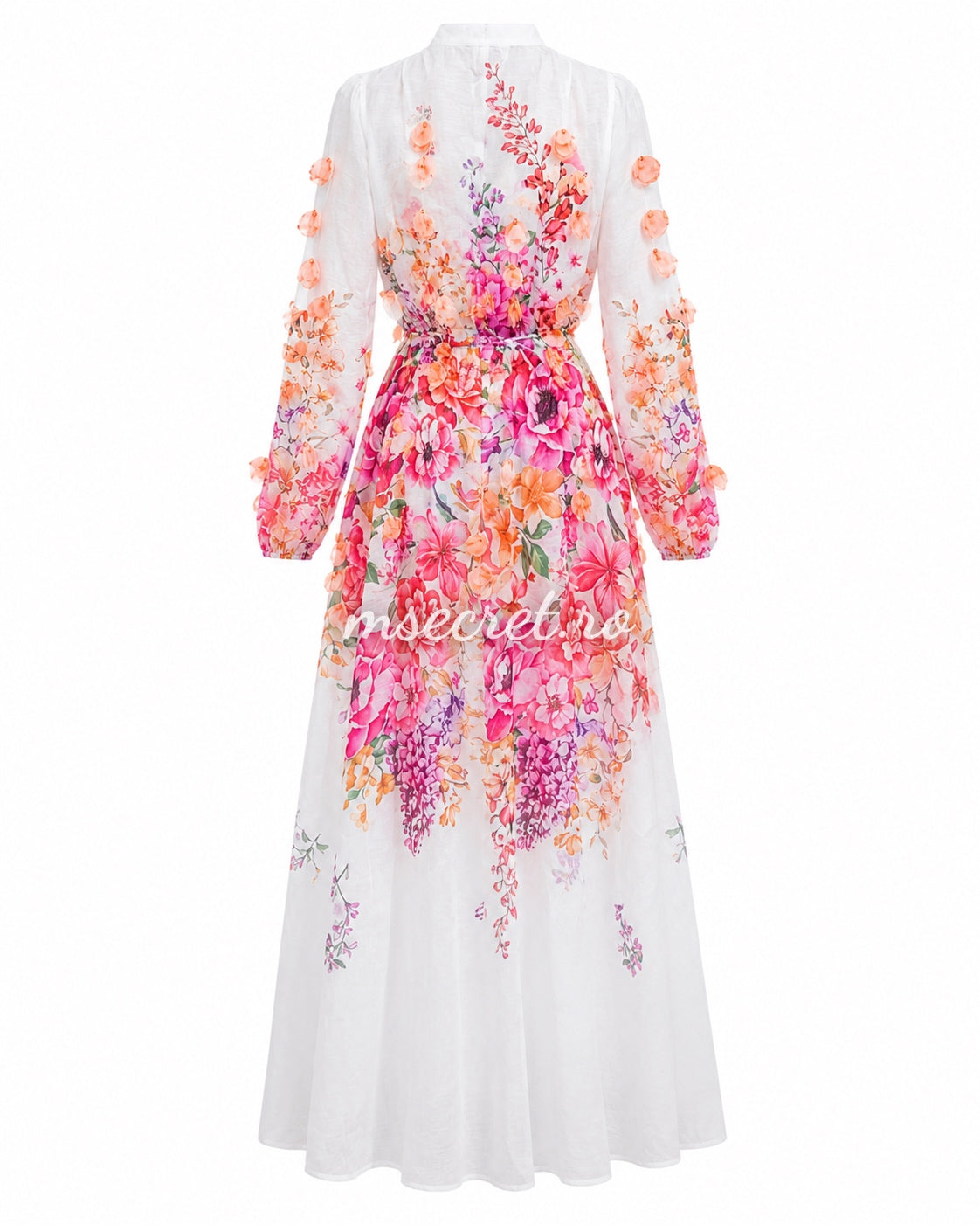 Rochie roz din in cu imprimeu floral și aplicații 3D