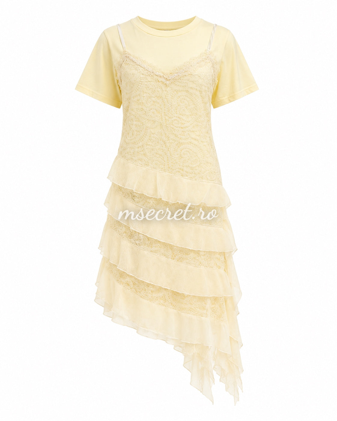 Pale yellow cotton dress with lace overlay and ruffles