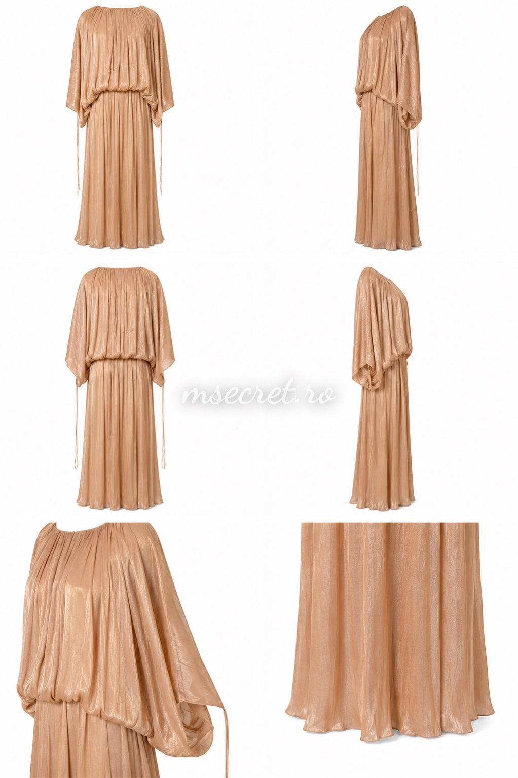 Rochie lunga champagne cu efect satinat si maneci ample