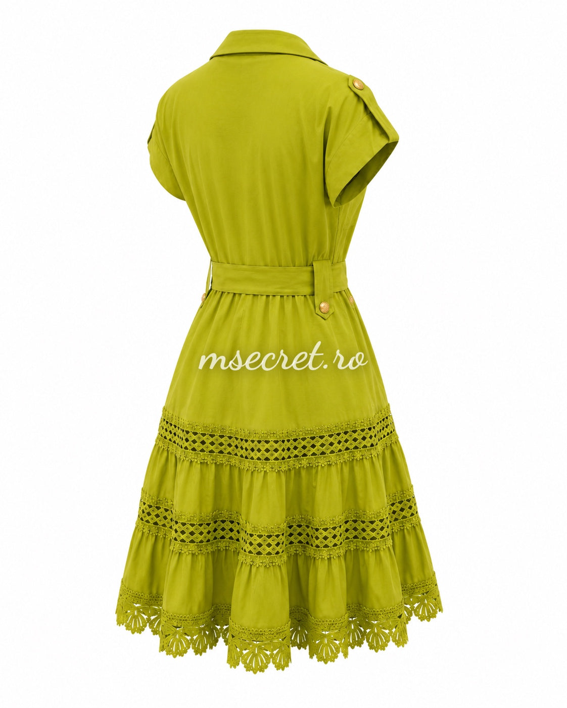 Rochie camasa verde cu cordon in talie si insertii din dantela