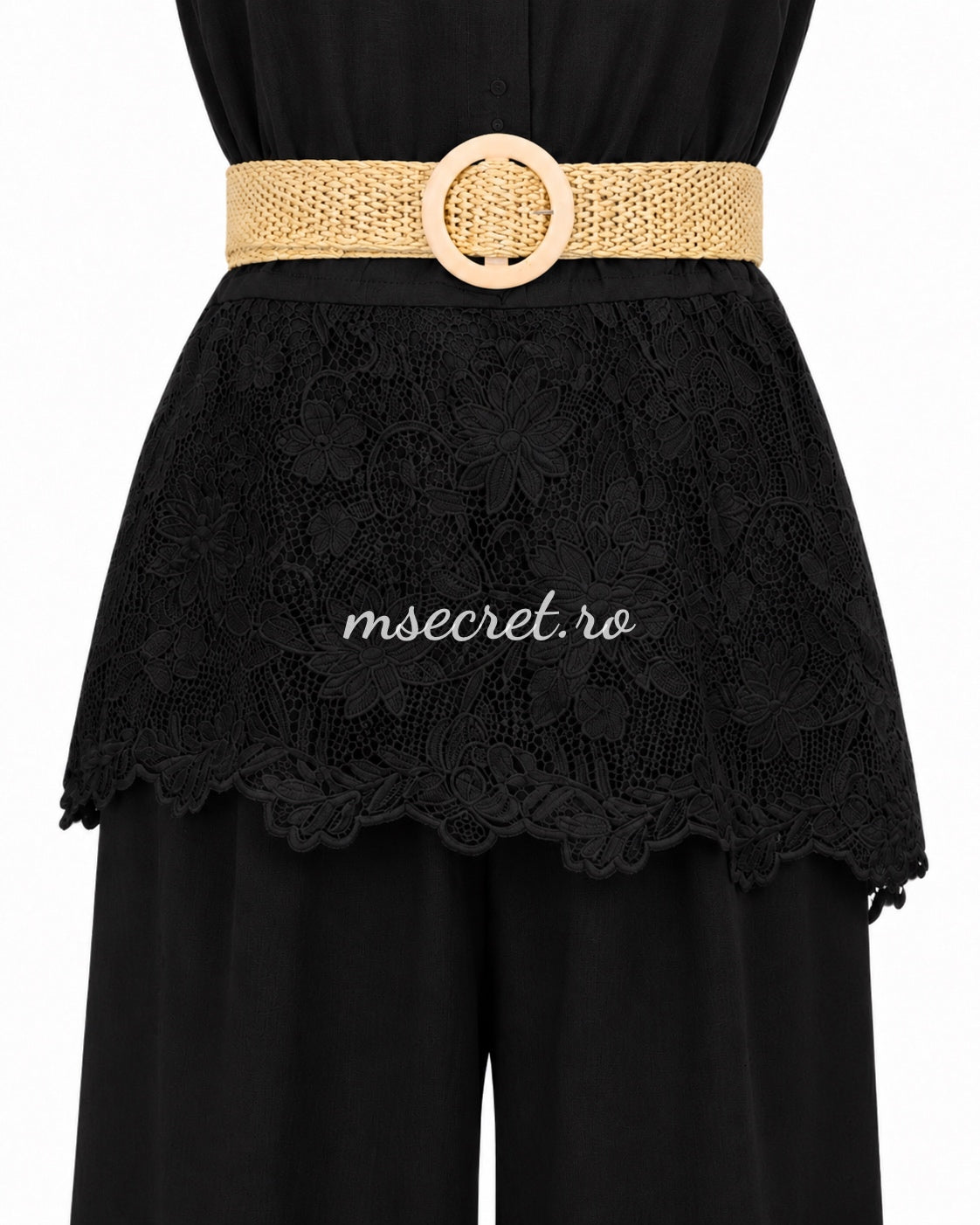 Compleu negru din in cu pantaloni largi si dantela