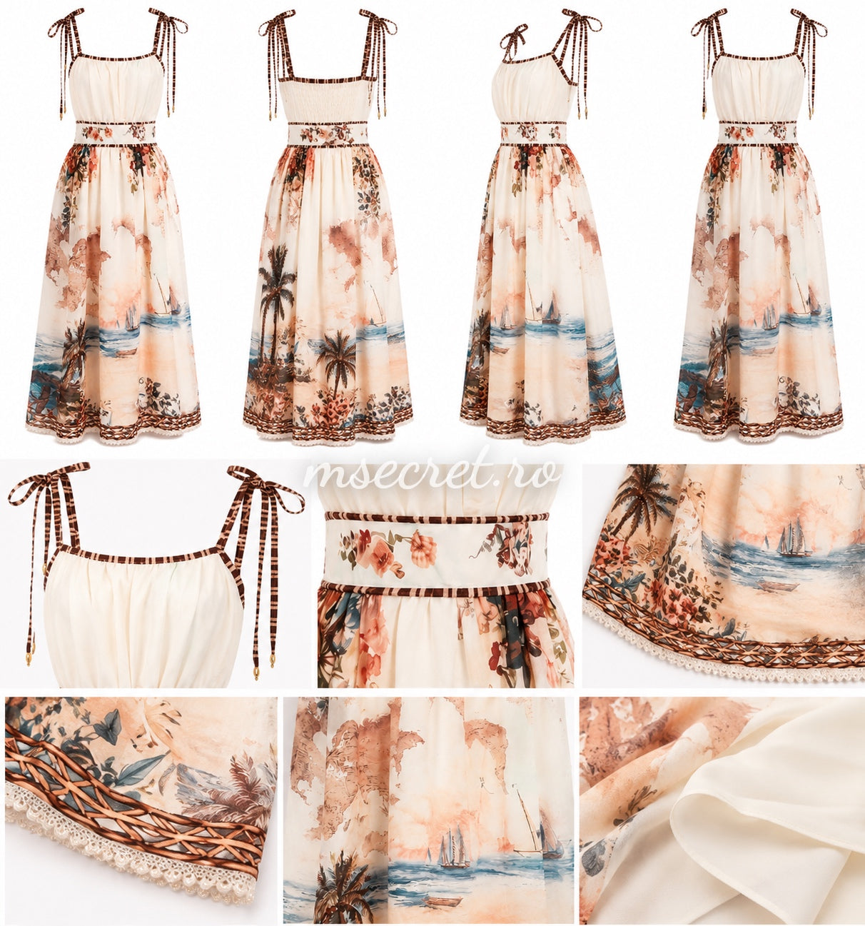 Rochie din in midi cu imprimeu tropical si bretele reglabile