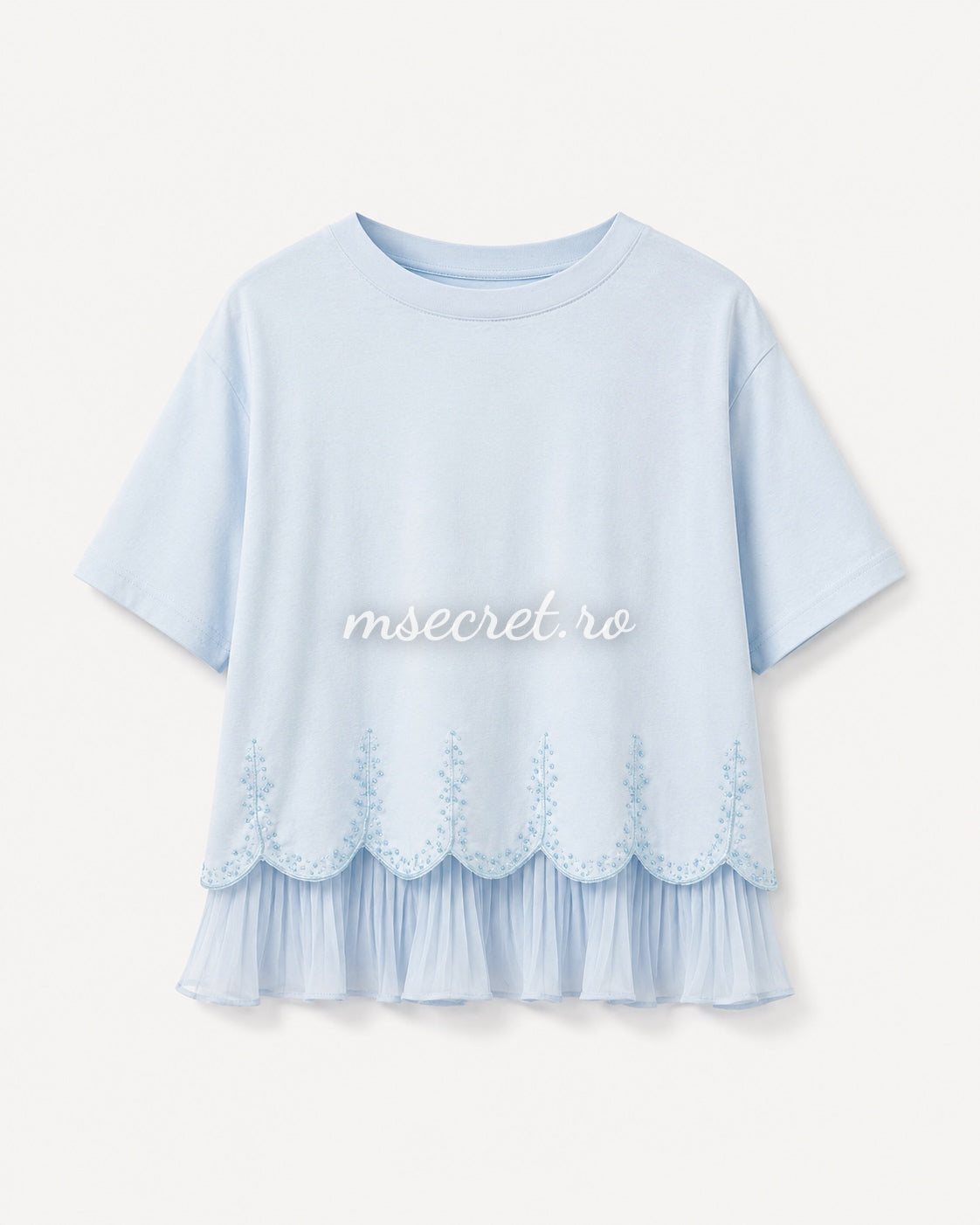 Blue cotton t-shirt with pleated ruffle