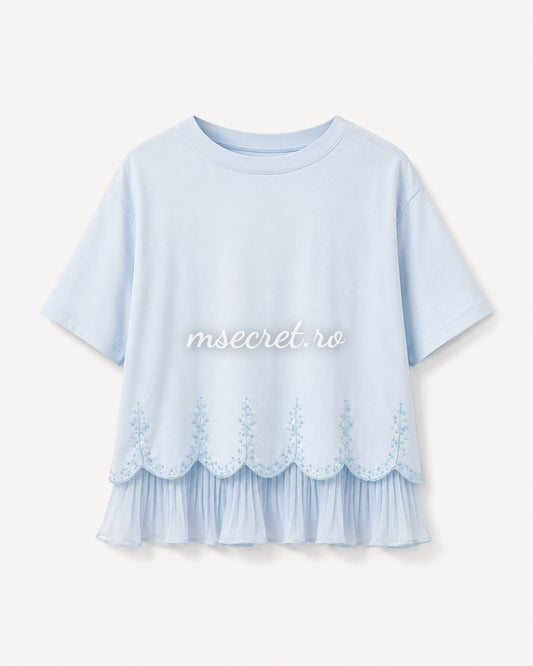 Tricou blue din bumbac cu volan plisat