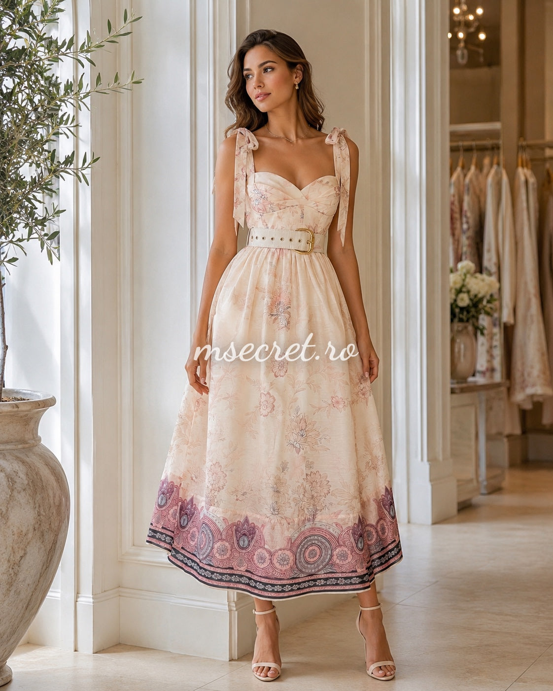Pink floral print linen midi dress