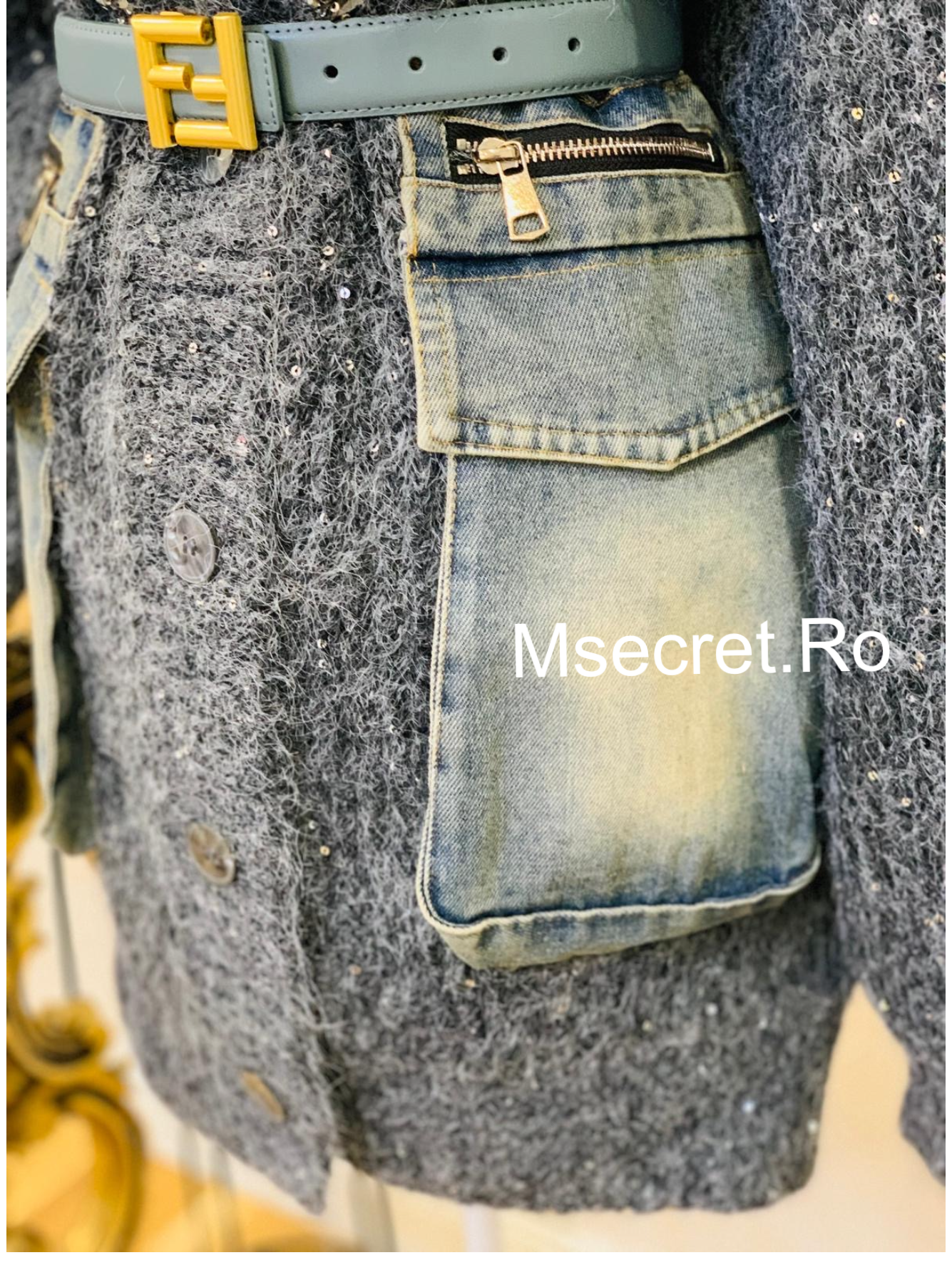 Cardigan din lana cu denim