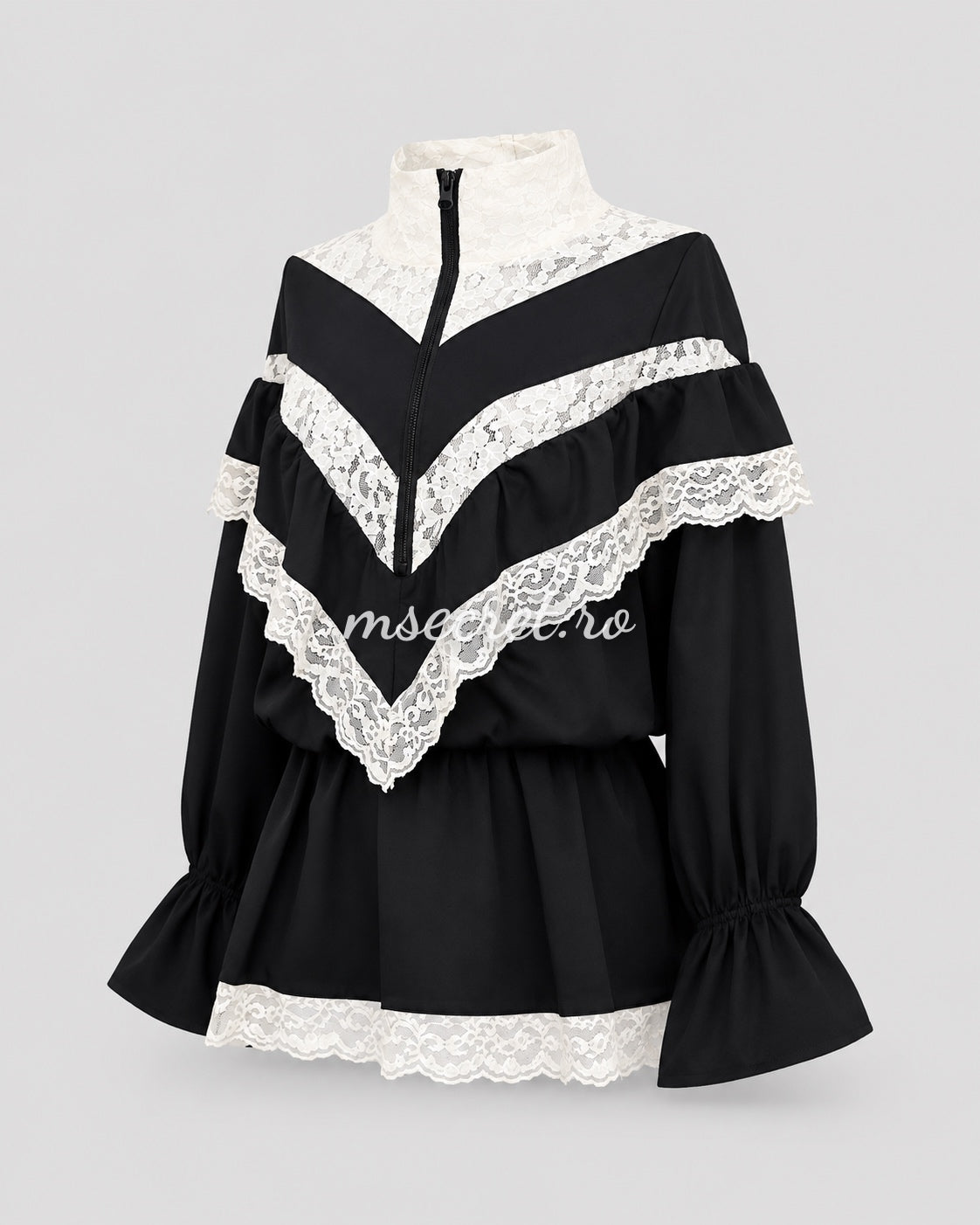 Rochie scurta neagra cu dantela si volane feminine