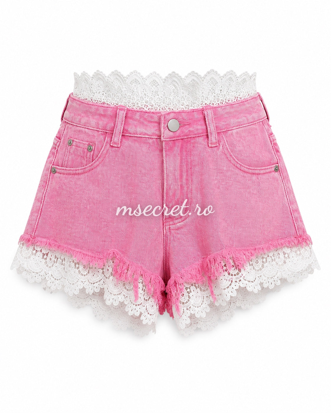 Pink denim shorts with white lace