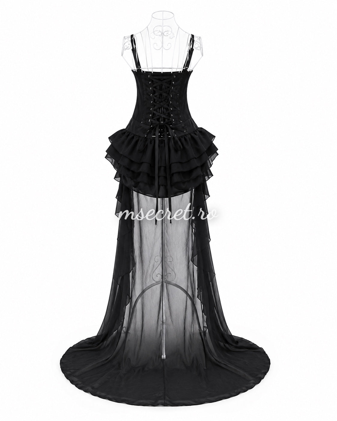 Rochie neagra spectaculoasa tip corset, cu volane si trena din voal transparent